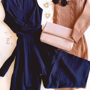 Navy linen cross-front jumpsuit